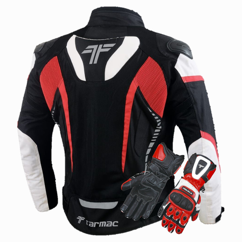 Tarmac Corsa Level 2 Riding Jacket (Black White Red) with PU chest protectors + FREE Tarmac Rapid Red Gloves COMBO