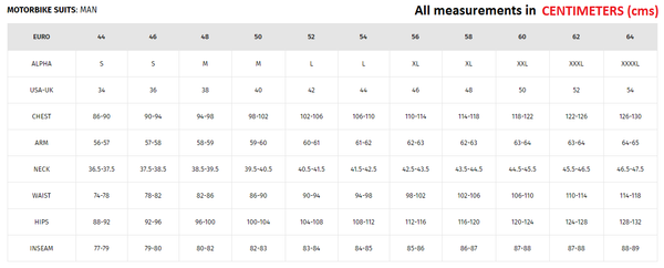 Dainese suit 2025 size chart
