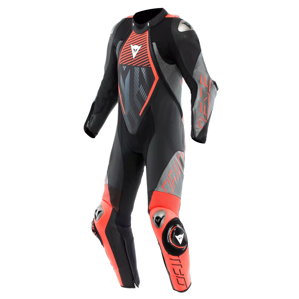 Dainese Audax D Zip Men One Piece Motorcycle Perforated Leather Suit (Black Red Fluro Antracite) - Moto Central