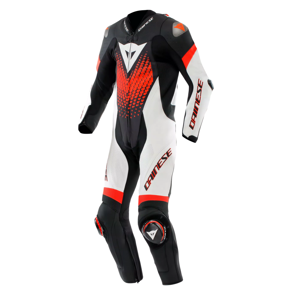Dainese Laguna Seca 6 Men One Piece Motorcycle Perforated Leather Suit (Black White Fluro Red) - Moto Central