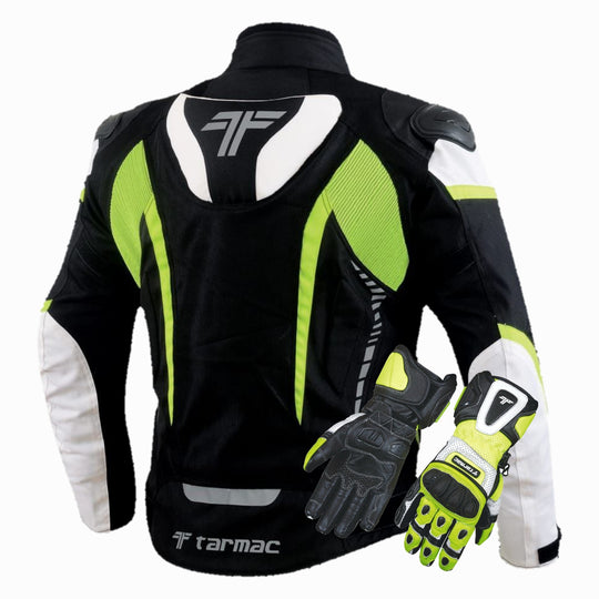 Tarmac Corsa Level 2 Riding Jacket (Black White Fluro Green) with PU chest protectors + FREE Tarmac Rapid Green Gloves COMBO