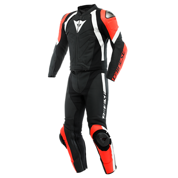 Dainese Avro 4 Men Two Piece Motorcycle Leather Suit (Black Matt Fluro Red White) - Moto Central