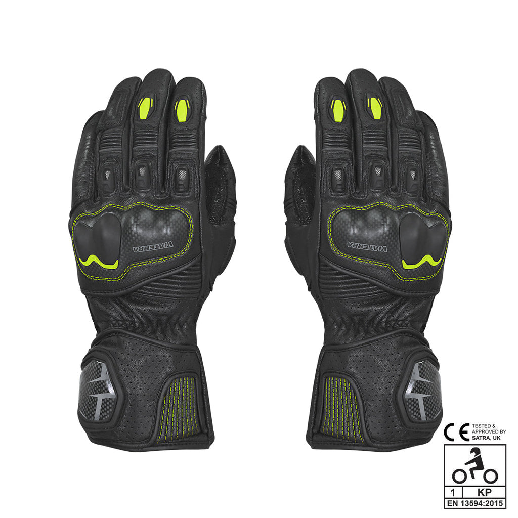 Viaterra Grid Full Gauntlet Motorcycle Riding Gloves (Fluro Green)