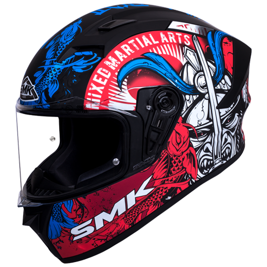 SMK Stellar Samurai Matt Black Grey Red Blue (MA253) Helmet, Full Face Helmets, SMK, Moto Central