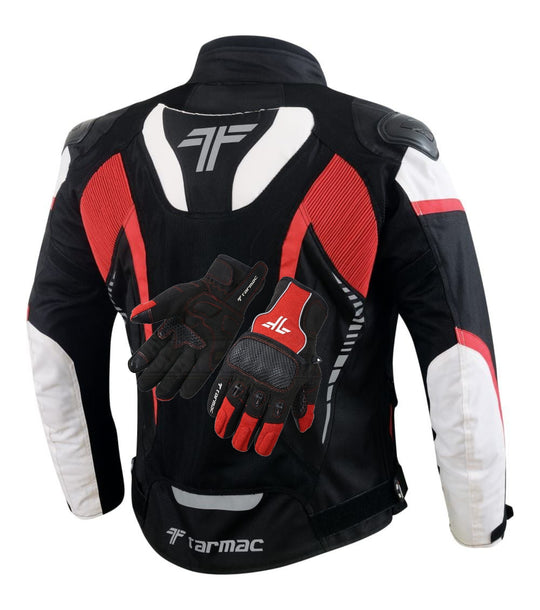 Tarmac Corsa Level 2 + PU Chest Protectors Riding Jacket (Black White Red) Combo Offer + FREE Tarmac Tex Red Gloves