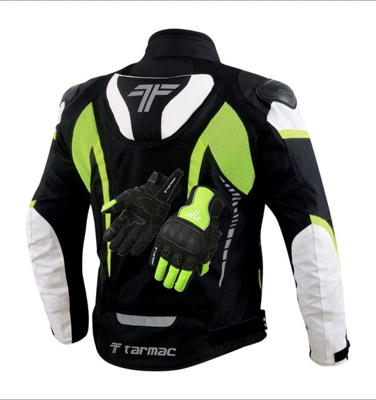 Tarmac Corsa Level 2 + PU Chest Protectors Riding Jacket (Black White Fluro Green) + Combo Offer FREE Tarmac Tex Green gloves