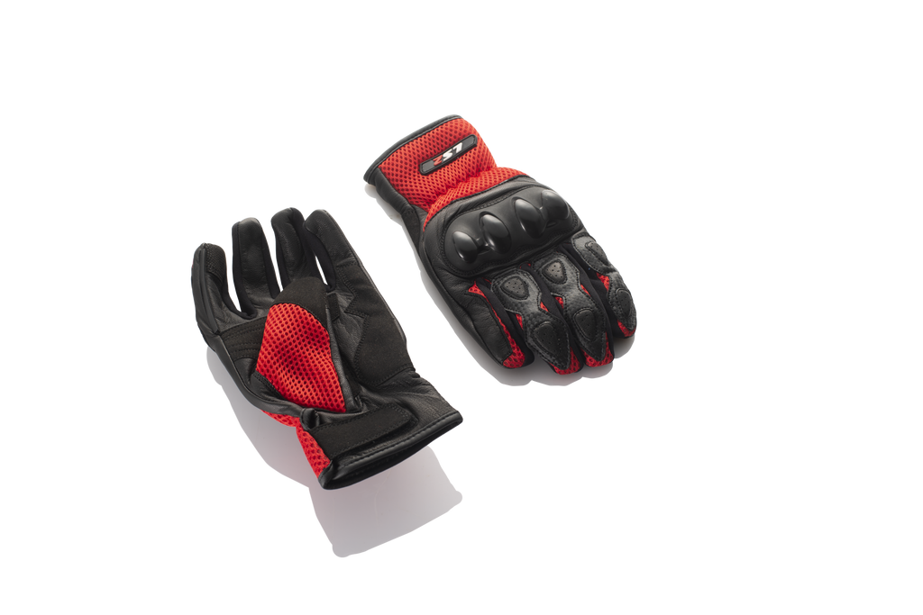 LS2 Semi Gauntlet Mesh & Leather Gloves with TPU (Black Red) (LS2-12)