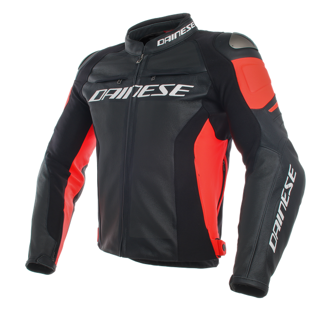 Dainese Racing 3 Perforated Leather Jacket Black Black Fluro Red