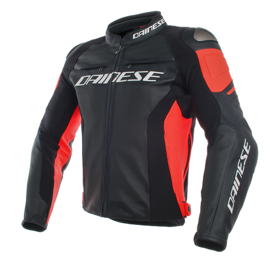 Dainese Racing 3 Perforated Leather Jacket Black Black Fluro Red
